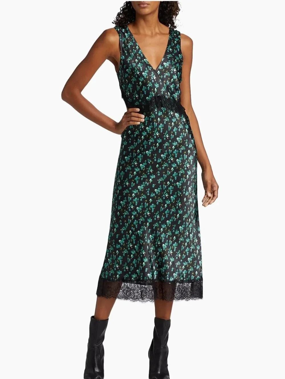 Rails Pandora Floral Satin Crepe Midi-Dress Blue & Green Flowers Lace Medium